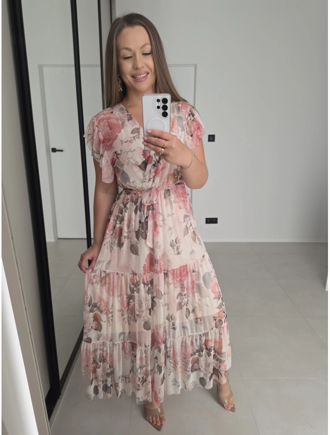 Sukienka DORIA siateczkowa beżowa L XL XXL