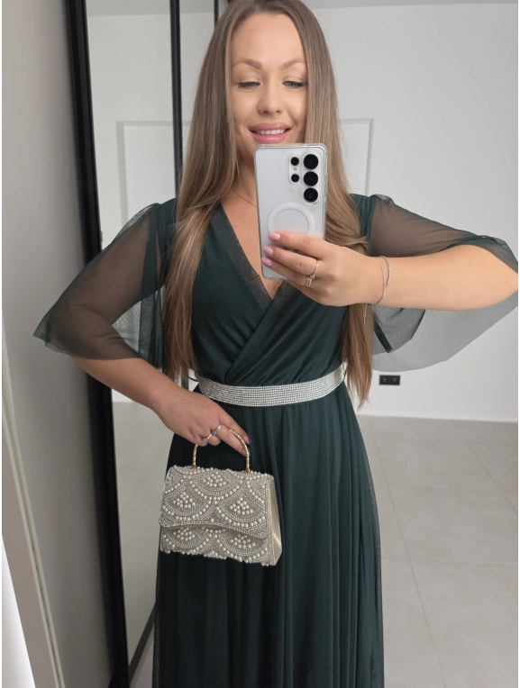 Sukienka IRIS siateczkowa butelkowa zieleń z paskiem