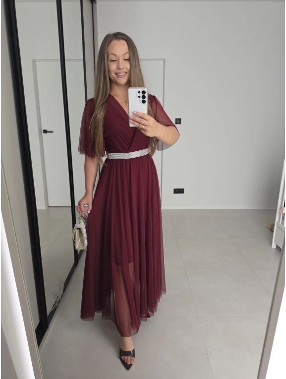 Sukienka IRIS siateczkowa bordo wino z paskiem