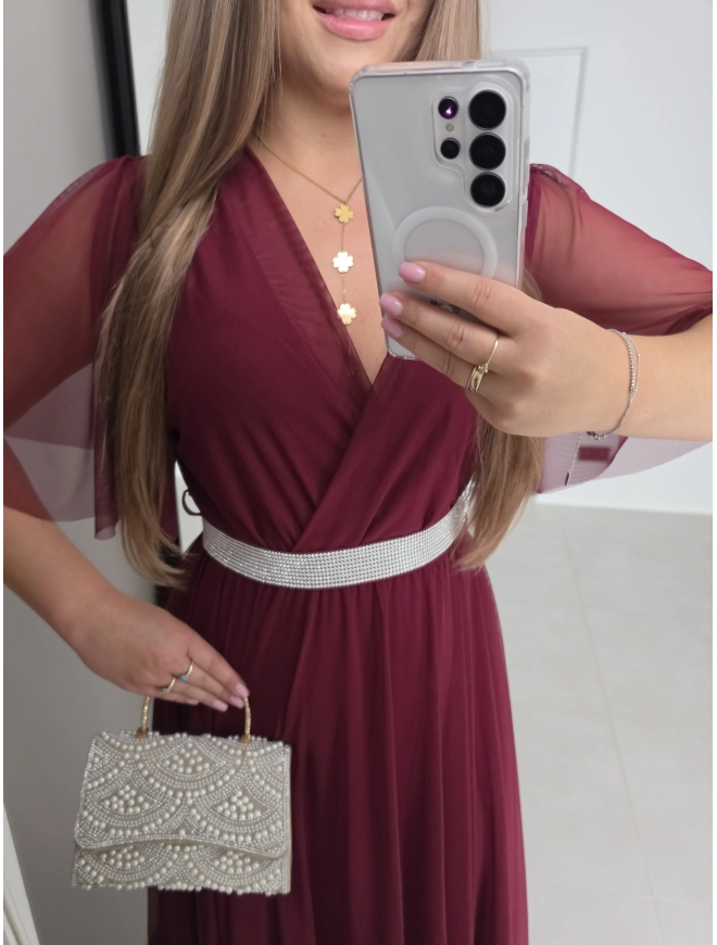 Sukienka IRIS siateczkowa bordo wino z paskiem