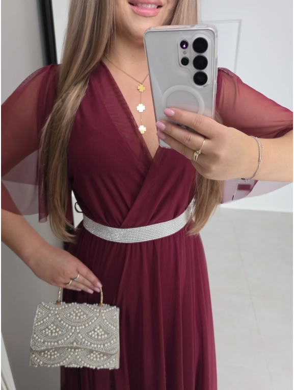 Sukienka IRIS siateczkowa bordo wino z paskiem