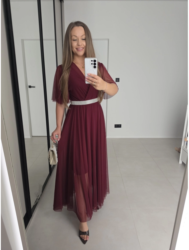 Sukienka IRIS siateczkowa bordo wino z paskiem