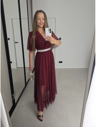 Sukienka IRIS siateczkowa bordo wino z paskiem