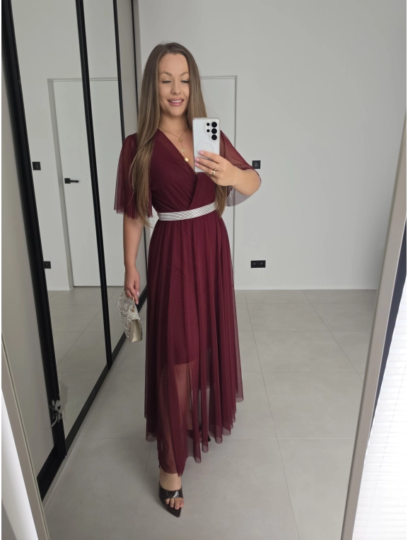 Sukienka IRIS siateczkowa bordo wino z paskiem