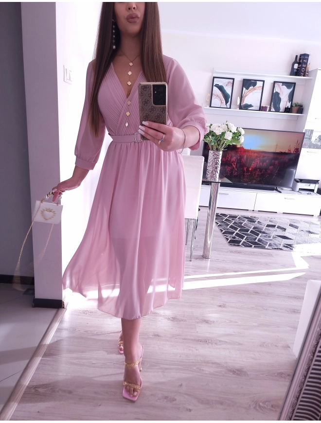 Sukienka VALENTINA z paskiem elegancka puder róz