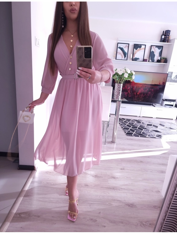 Sukienka VALENTINA z paskiem elegancka puder róz