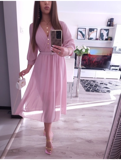 Sukienka VALENTINA z paskiem elegancka puder róz