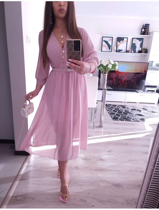 Sukienka VALENTINA z paskiem elegancka puder róz