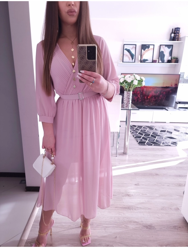 Sukienka VALENTINA z paskiem elegancka puder róz