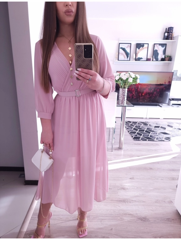 Sukienka VALENTINA z paskiem elegancka puder róz