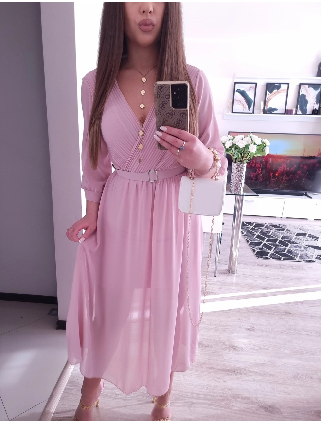 Sukienka VALENTINA z paskiem elegancka puder róz