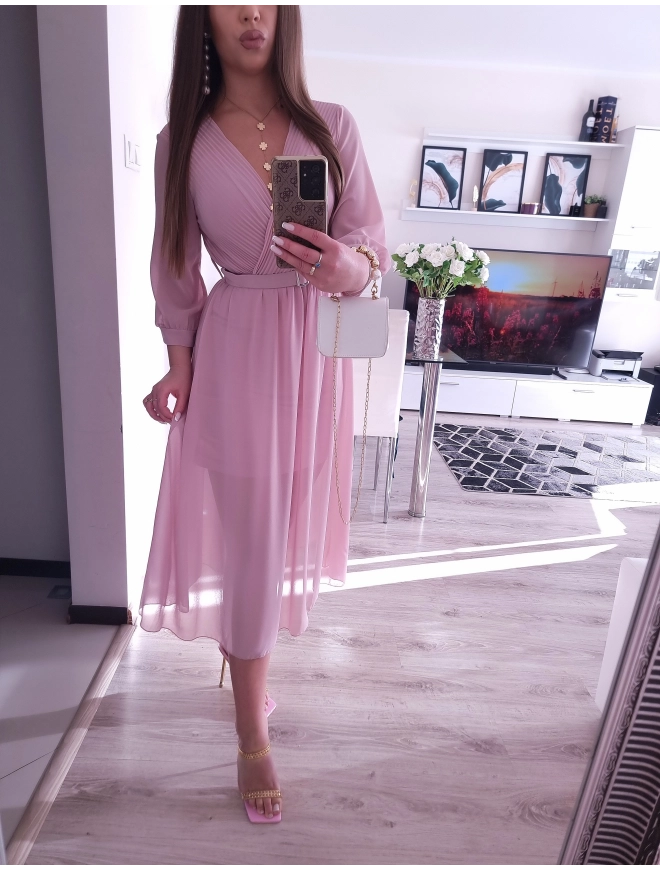 Sukienka VALENTINA z paskiem elegancka puder róz