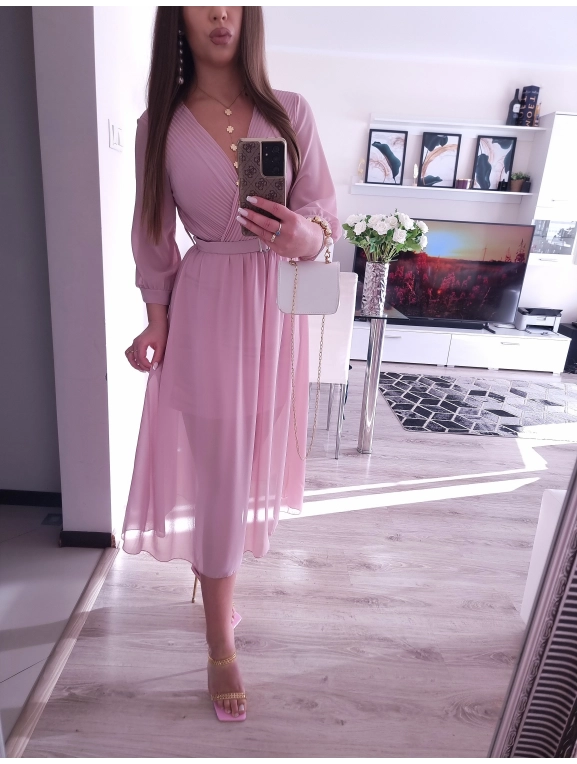 Sukienka VALENTINA z paskiem elegancka puder róz