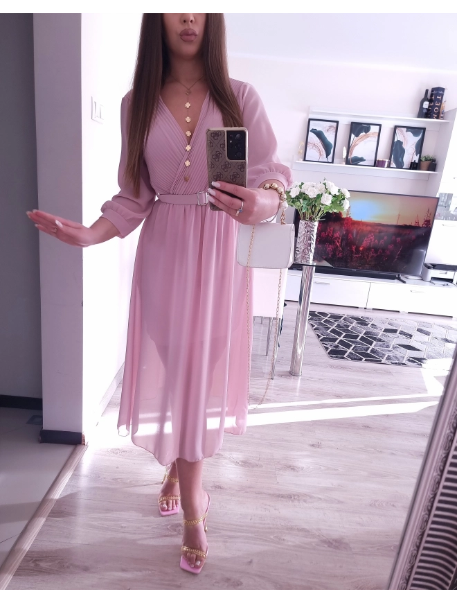 Sukienka VALENTINA z paskiem elegancka puder róz