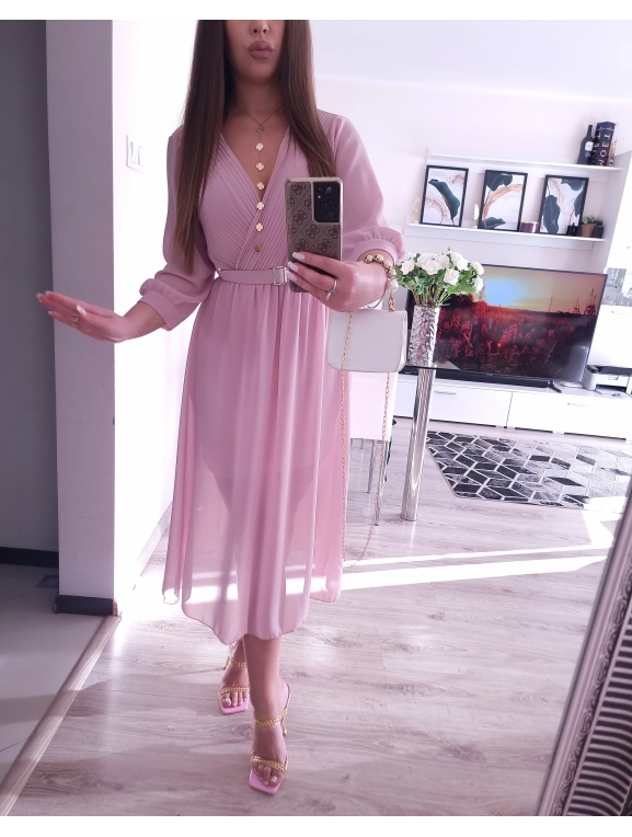 Sukienka VALENTINA z paskiem elegancka puder róz