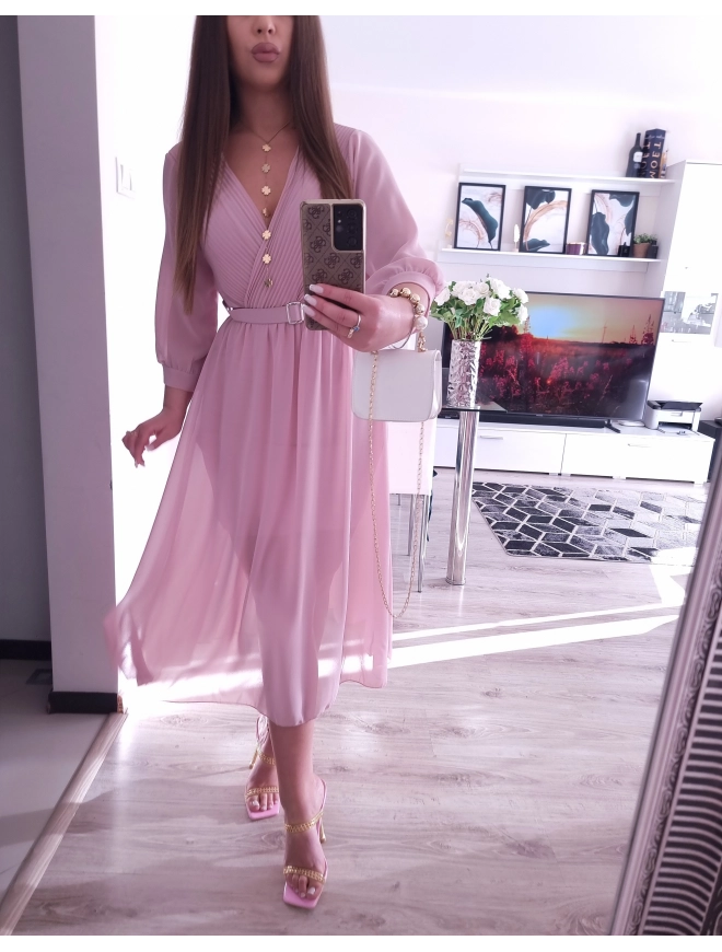 Sukienka VALENTINA z paskiem elegancka puder róz