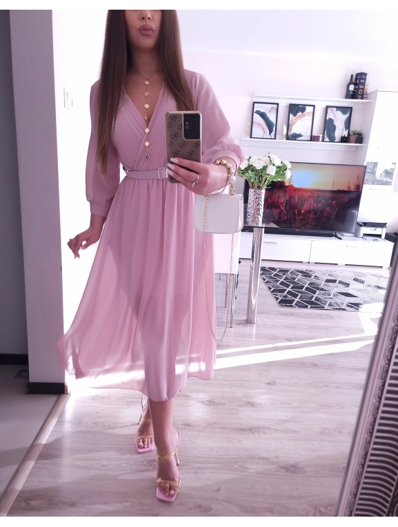 Sukienka VALENTINA z paskiem elegancka puder róz